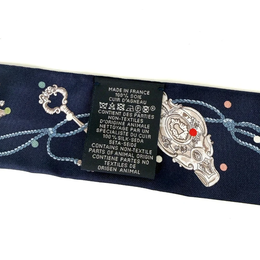 SOLD HERMES Les Cles a Pois Bleu Marine Gris Argent Silk Leather Twilly Scarf - Picture 7 of 9